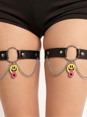 Black Faux Leather Thigh Harnesses with Yellow Pink Charm - Women Accessories